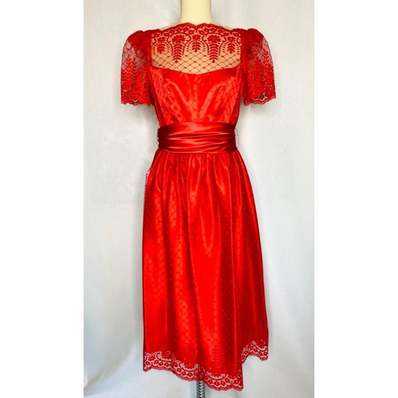 Vintage 60s 70s Holiday Red Cocktail Party Tea Dress Size Small Lace Formal VLV - Picture 5 of 8